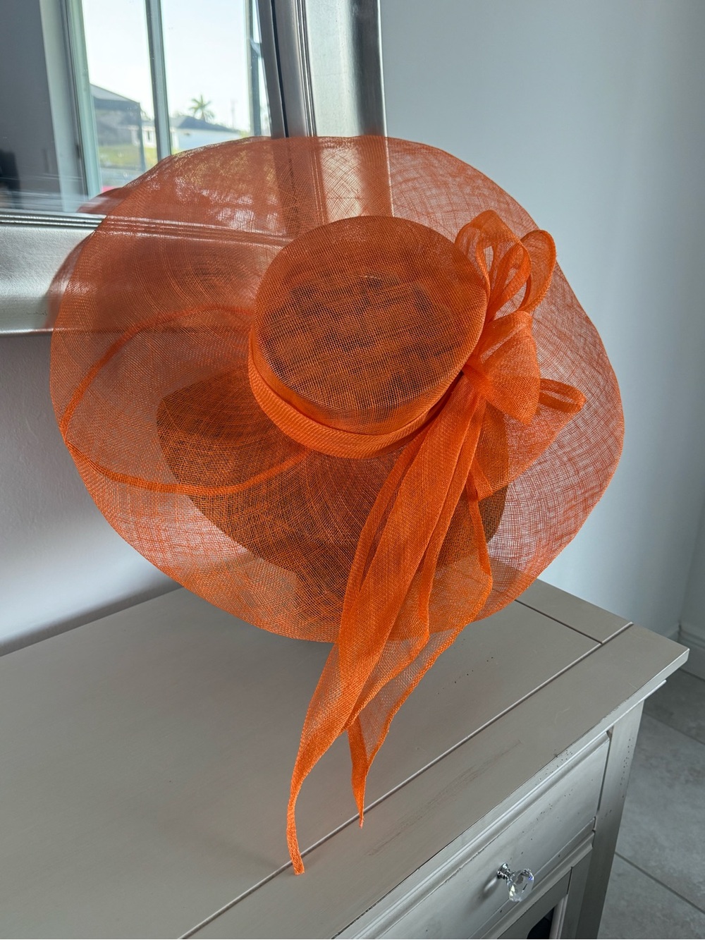 Women's Orange Wide-Brim Fascinator Hat with Bow Accent